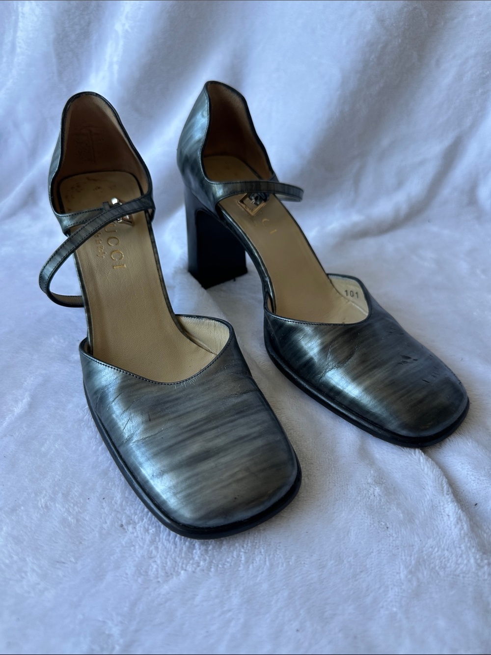 Gucci Metallic Silver-Gray Leather Mary Jane Block Heels